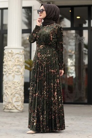 Neva Style - Khaki Hijab Velvet Dress 1452HK - Thumbnail