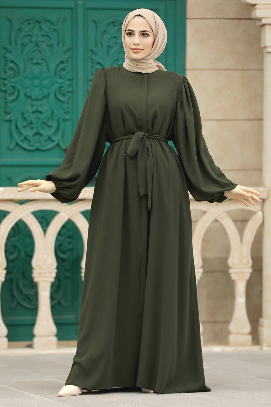 Khaki Long Sleeve Turkısh Abaya 35161HK - Neva-style.com