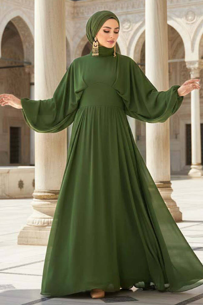 Khaki Turkish Hijab Engagement Gown 60681HK - TESETTÜRLÜ ABİYE ELBİSELER