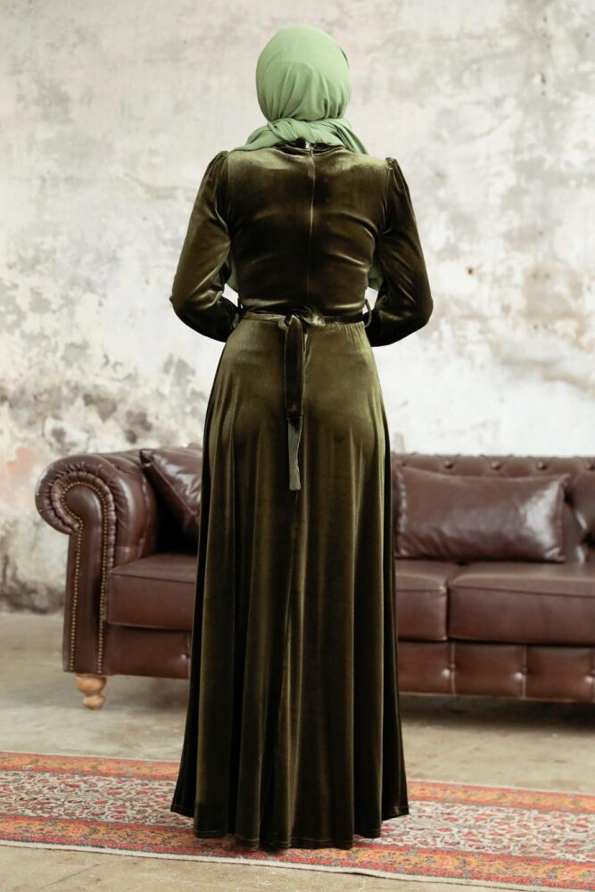 Khaki Velvet Hijab Maxi Dress 37091HK - 3