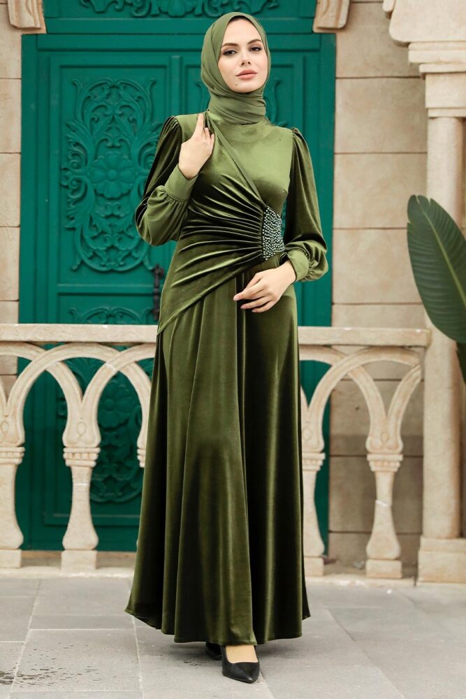 Khaki Velvet Long Dress 3845HK - 1