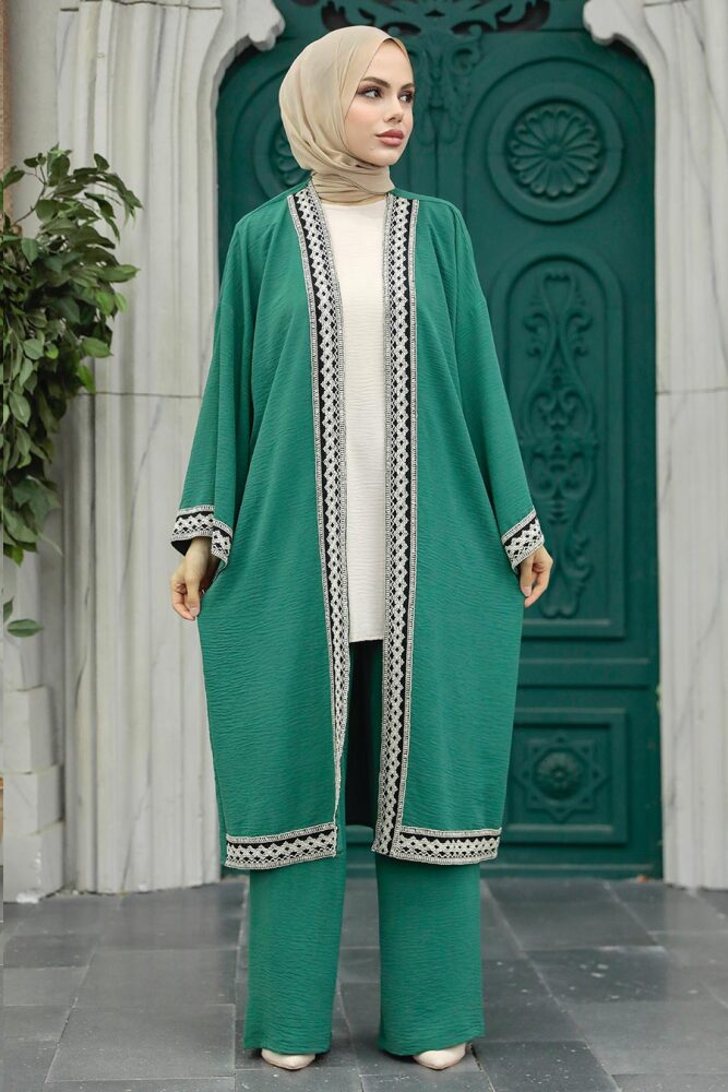  Kimono Çağla Yeşili Tesettür Üçlü Takım 5237CY - 1