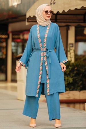  Kimono İndigo Mavisi Tesettür Üçlü Takım 51910IM - 1