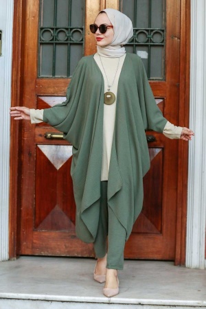  Kimono Koyu Haki Tesettür Üçlü Takım 5175KHK - 1