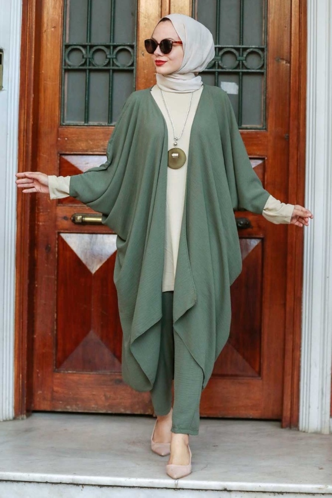  Kimono Koyu Haki Tesettür Üçlü Takım 5175KHK - 1