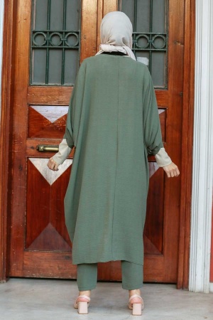  Kimono Koyu Haki Tesettür Üçlü Takım 5175KHK - 2
