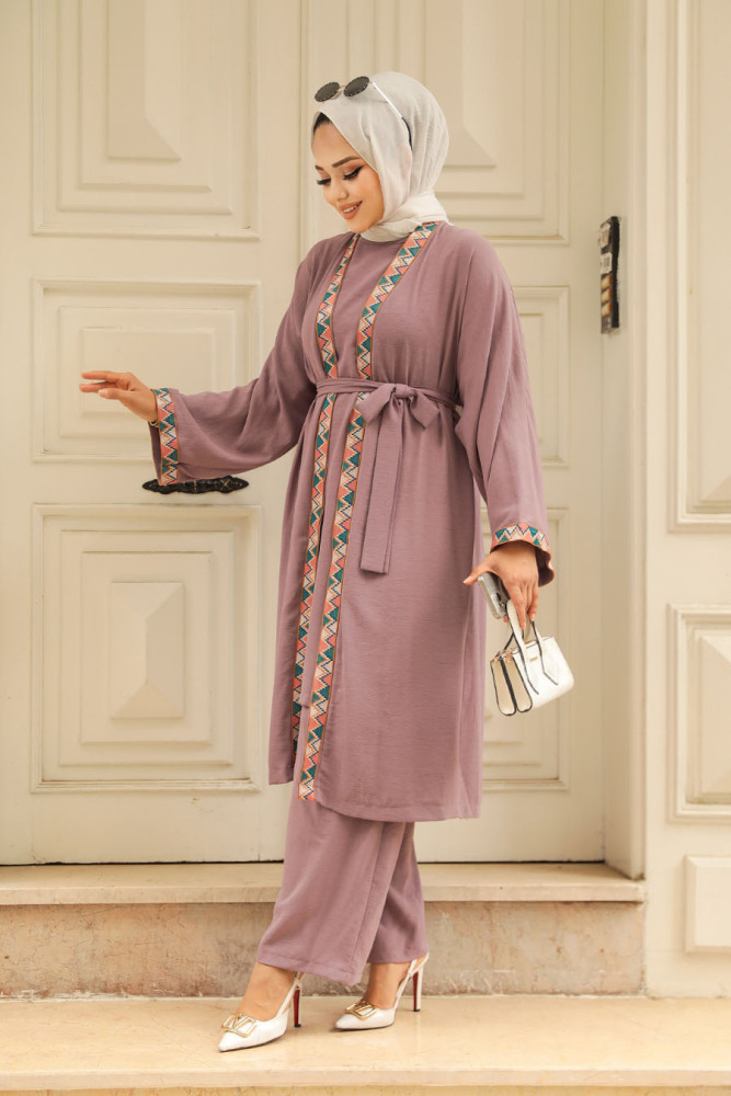 Neva Style - Kimono Koyu Lila Tesettür Üçlü Takım 51910KLILA - 2