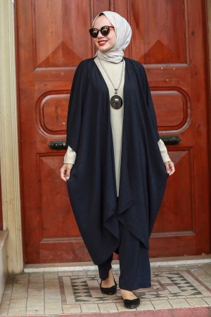  Kimono Lacivert Tesettür Üçlü Takım 5175L - 1