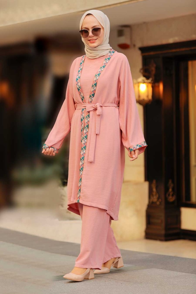 Neva Style - Kimono Pudra Tesettür Üçlü Takım 51910PD - 1