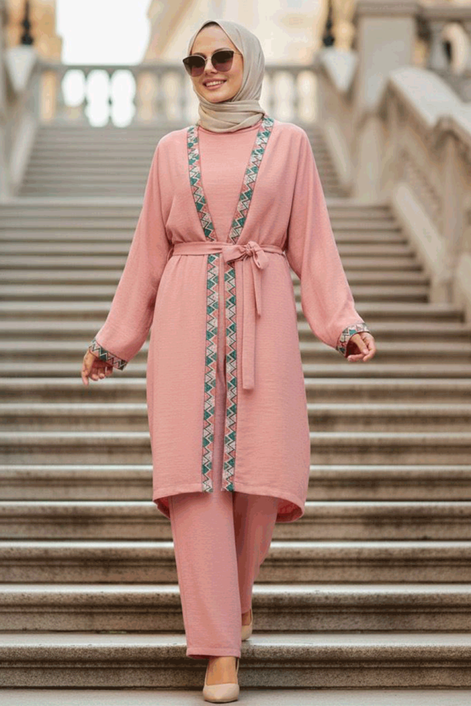  Kimono Pudra Tesettür Üçlü Takım 51910PD - 1