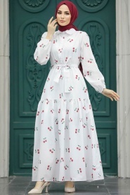 Neva Style - Kiraz Desenli Beyaz Tesettür Elbise 5918B - Thumbnail