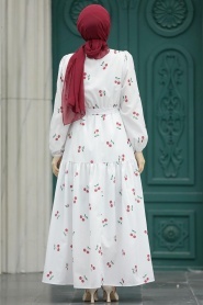 Neva Style - Kiraz Desenli Beyaz Tesettür Elbise 5918B - Thumbnail