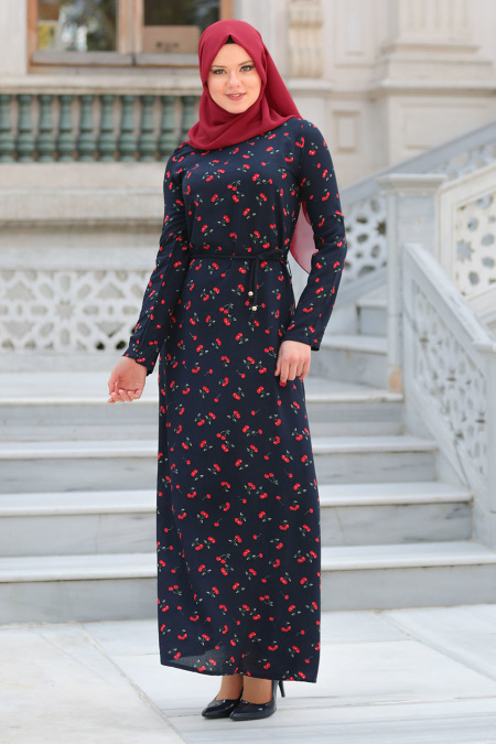 Neva Style - Kiraz Desenli Lacivert Tesettürlü Elbise 53541L
