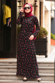 Neva Style - Kiraz Desenli Siyah Tesettürlü Elbise 53541S - Thumbnail
