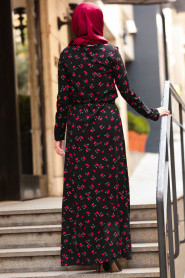 Neva Style - Kiraz Desenli Siyah Tesettürlü Elbise 53541S - Thumbnail