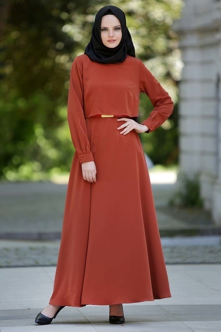 Neva Style - Kiremit Rengi Tesettür Elbise 4023KRMT