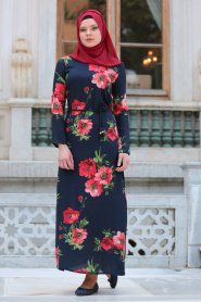 Neva Style - Kırmızı Çiçek Desenli Lacivert Tesettürlü Elbise 53548L - Thumbnail