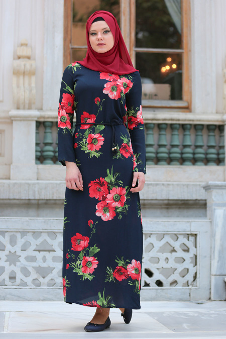 Neva Style - Kırmızı Çiçek Desenli Lacivert Tesettürlü Elbise 53548L
