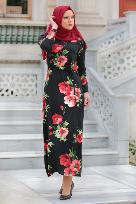 Neva Style - Kırmızı Çiçek Desenli Siyah Tesettürlü Elbise 53548S