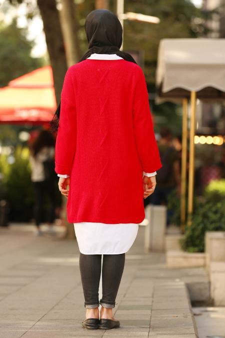 Neva Style - Kırmızı Tesettür Triko Tunik 15439K - 2
