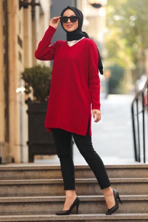  Kırmızı Tesettür Triko Tunik 18120K - 1