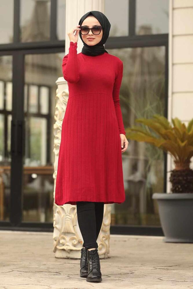 Neva Style - Kırmızı Tesettür Triko Tunik 2321K - 1