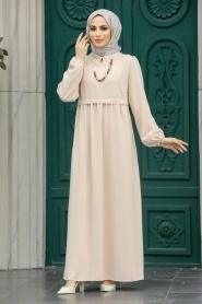 Neva Style - Klasik Yaka Bej Tesettür Elbise 414BEJ - Thumbnail