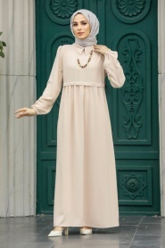Neva Style - Klasik Yaka Bej Tesettür Elbise 414BEJ - Thumbnail