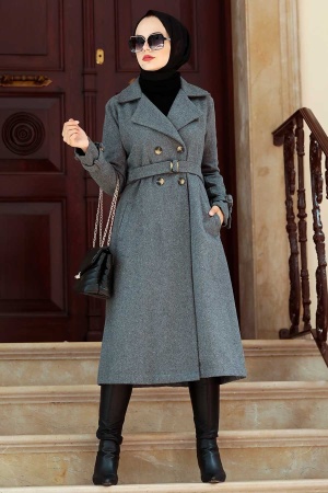 Neva Style - Klasik Yaka Füme Tesettür Kaşe Kap 5661FU - 1