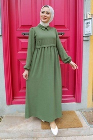 Neva Style - Klasik Yaka Haki Tesettür Elbise 414HK - Thumbnail