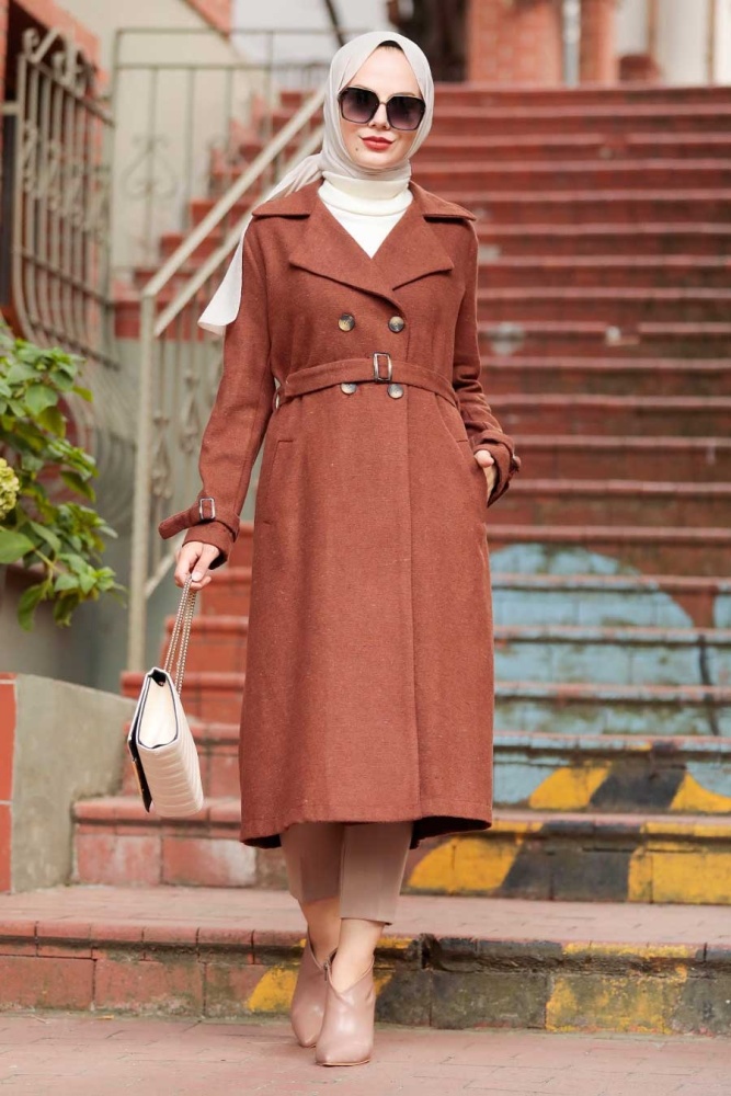 Neva Style - Klasik Yaka Kiremit Tesettür Kaşe Kap 5661KRMT - 1
