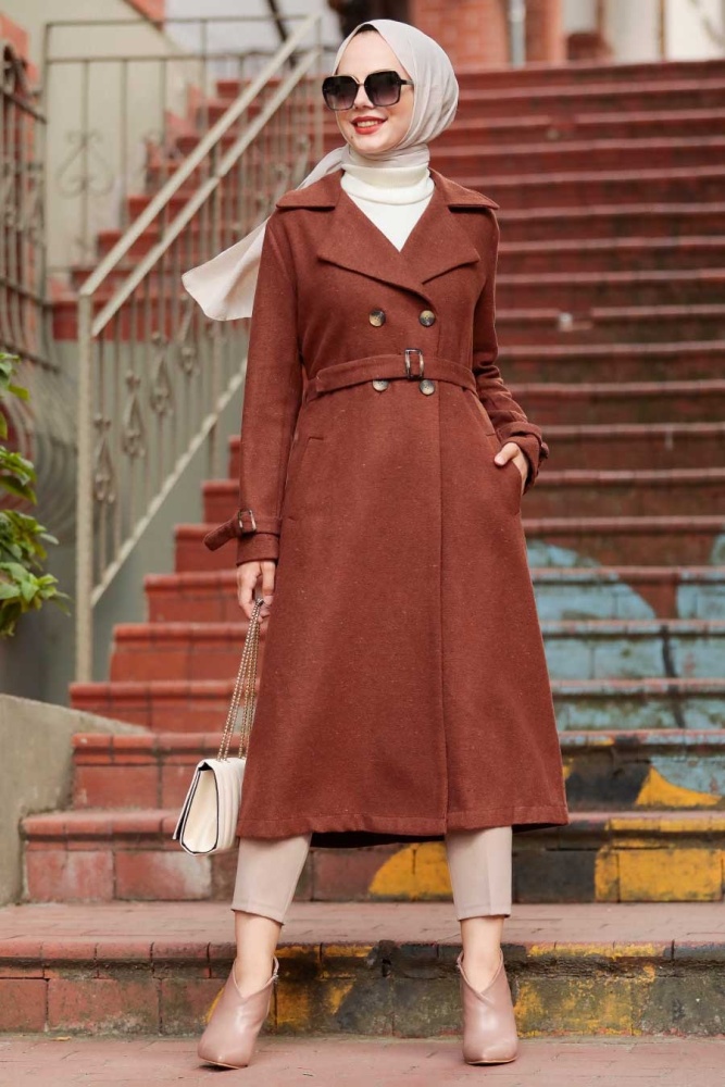Neva Style - Klasik Yaka Kiremit Tesettür Kaşe Kap 5661KRMT - 2