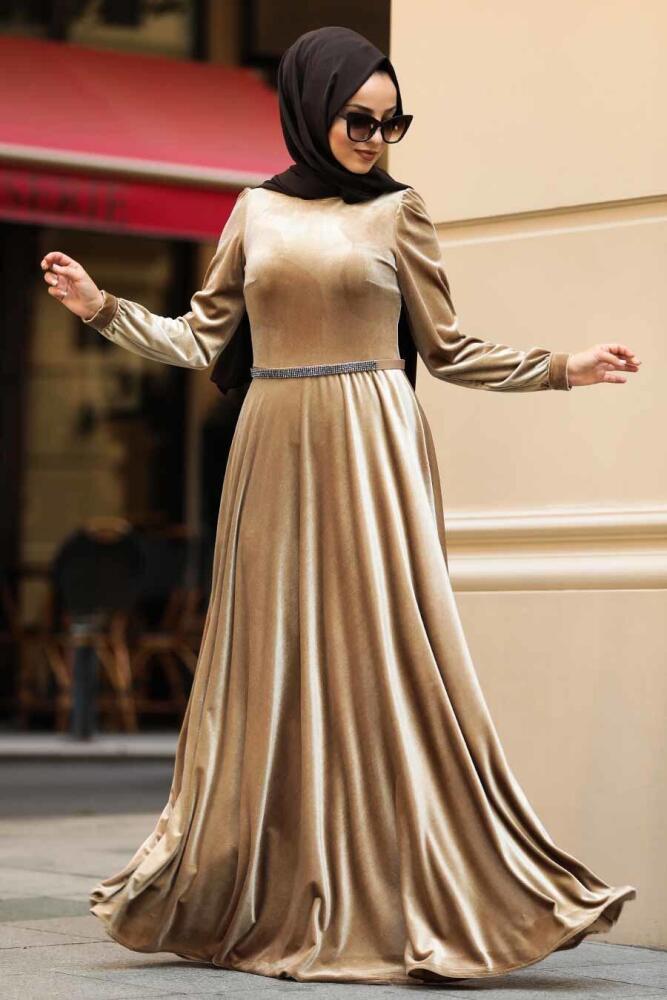Neva Style - Kloş Camel Tesettür Kadife Elbise 32790C - 1