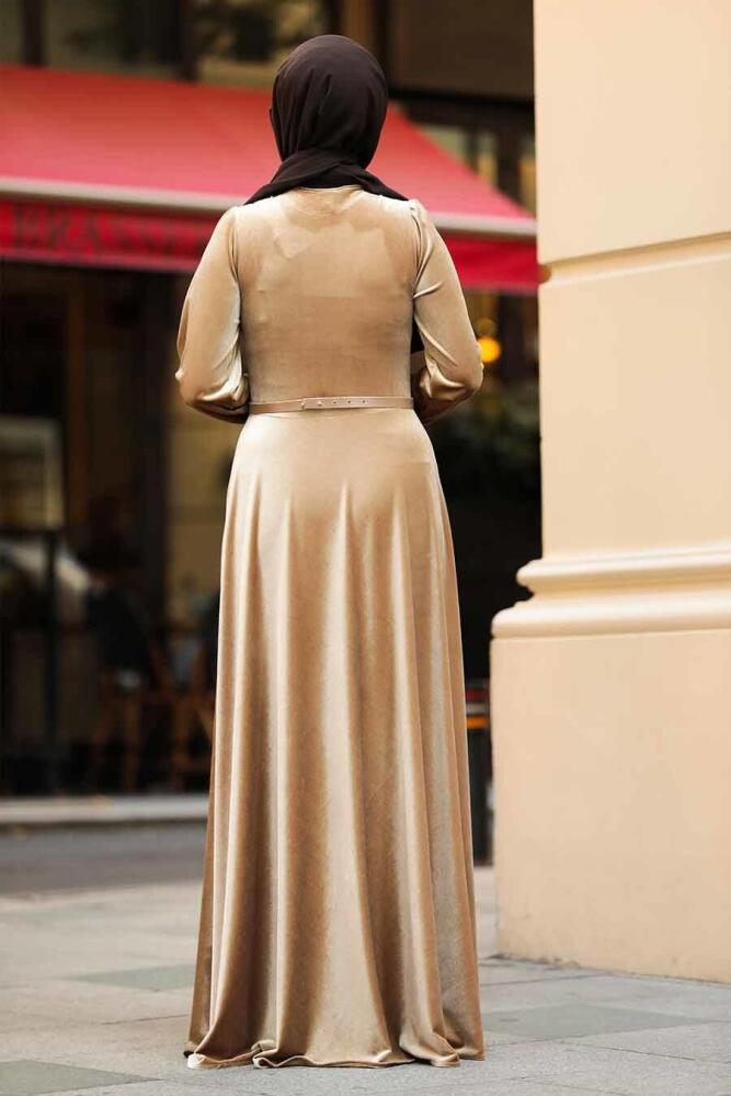 Neva Style - Kloş Camel Tesettür Kadife Elbise 32790C - 4