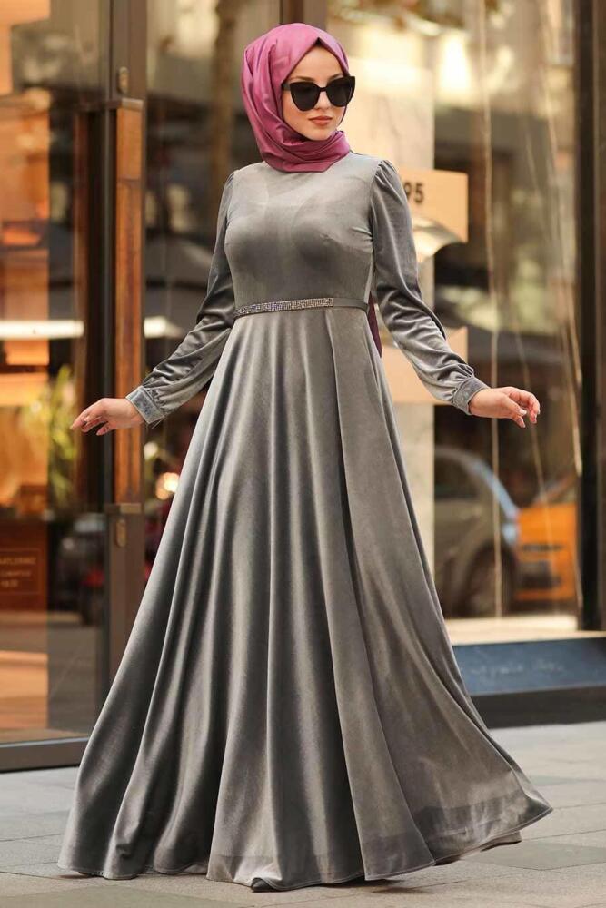 Neva Style - Kloş Gri Tesettür Kadife Elbise 32790GR - 1