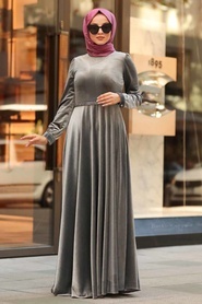 Neva Style - Kloş Gri Tesettür Kadife Elbise 32790GR - Thumbnail
