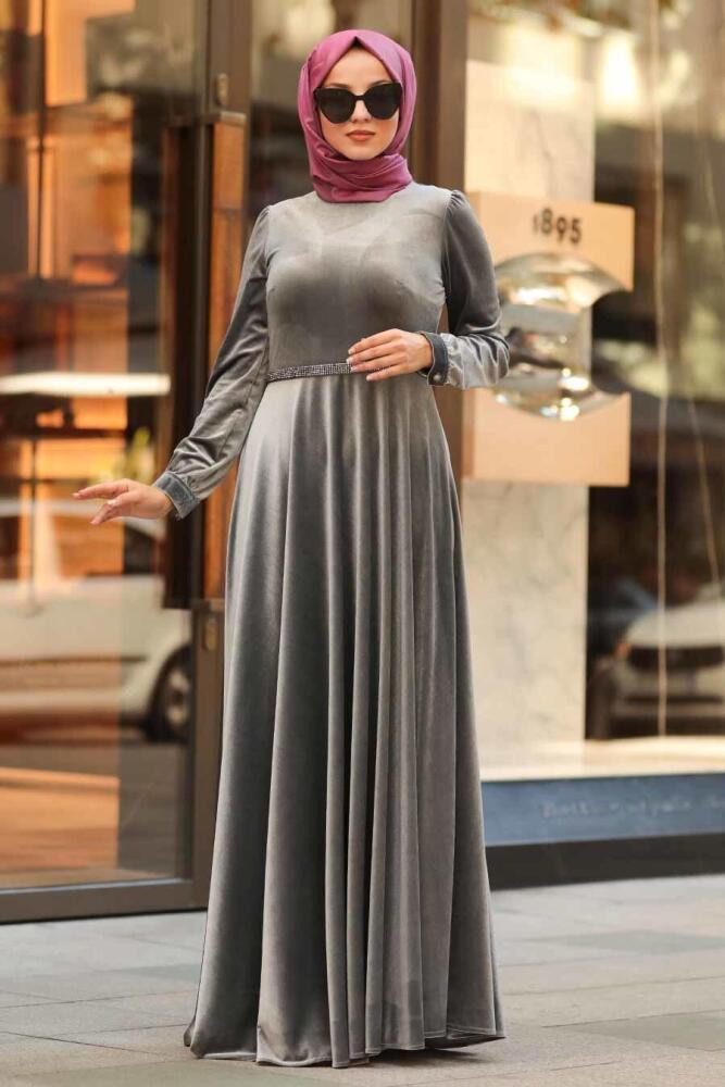 Neva Style - Kloş Gri Tesettür Kadife Elbise 32790GR - 2