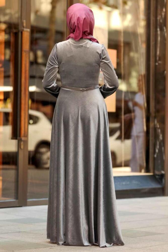 Neva Style - Kloş Gri Tesettür Kadife Elbise 32790GR - 3