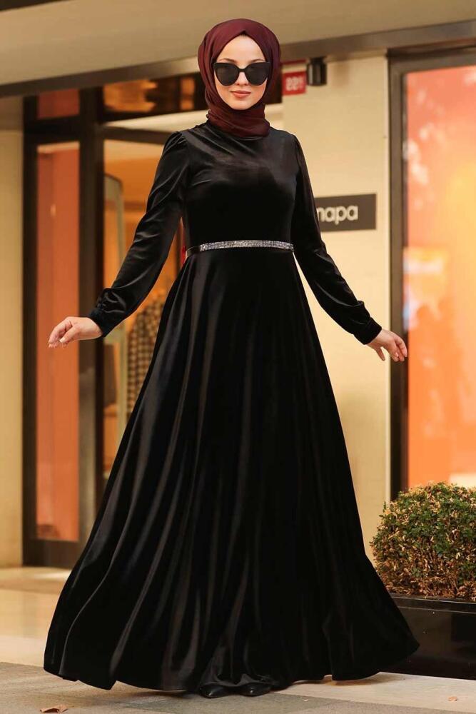 Neva Style - Kloş Siyah Tesettür Kadife Elbise 32790S - 2