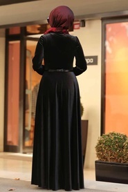 Neva Style - Kloş Siyah Tesettür Kadife Elbise 32790S - Thumbnail