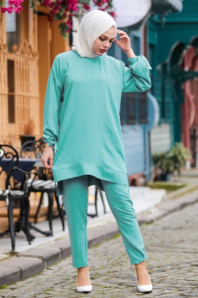 Neva Style - Kol Ucu Bağcıklı Mint Tesettür İkili Takım 5617MINT - 1