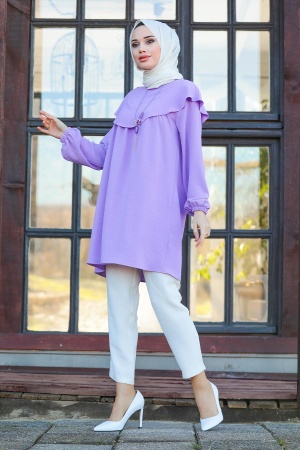 Neva Style - Kol Ucu Lastikli Lila Tesettür Tunik 14210LILA - 1