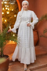 Neva Style - Kol Ucu Volanlı Beyaz Tesettür Elbise 14091B - Thumbnail