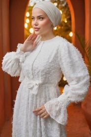 Neva Style - Kol Ucu Volanlı Beyaz Tesettür Elbise 14091B - Thumbnail