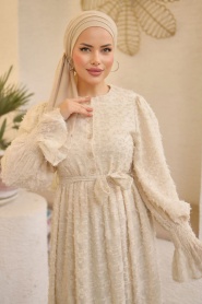 Neva Style - Kol Ucu Volanlı Krem Tesettür Elbise 14091KR - Thumbnail
