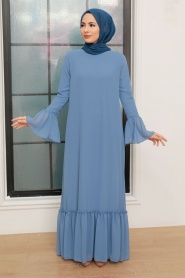 Neva Style - Kol Ucu Volanlı Mavi Tesettür Elbise 5729M - Thumbnail