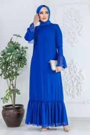 Neva Style - Kol Ucu Volanlı Sax Mavisi Tesettür Elbise 5729SX - Thumbnail