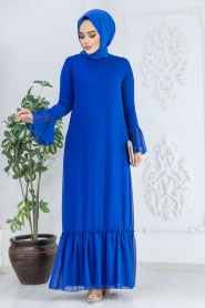 Neva Style - Kol Ucu Volanlı Sax Mavisi Tesettür Elbise 5729SX - Thumbnail