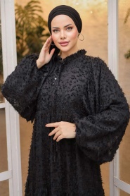 Neva Style - Balon Kol Siyah Tesettür Elbise 14101S - Thumbnail