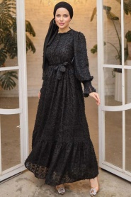 Neva Style - Kol Ucu Volanlı Siyah Tesettür Elbise 14091S - Thumbnail